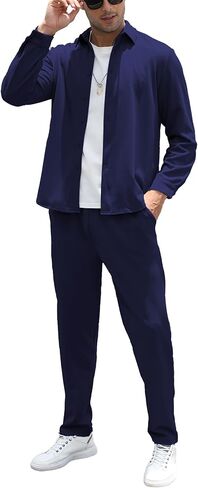 طقم ملابس كاجوال للرجال من اف زد ان اتش كيو ال مكون من قطعتين من قمصان وبنطلون باكمام طويلة وازرار امامية من قطعتين in Kuwait