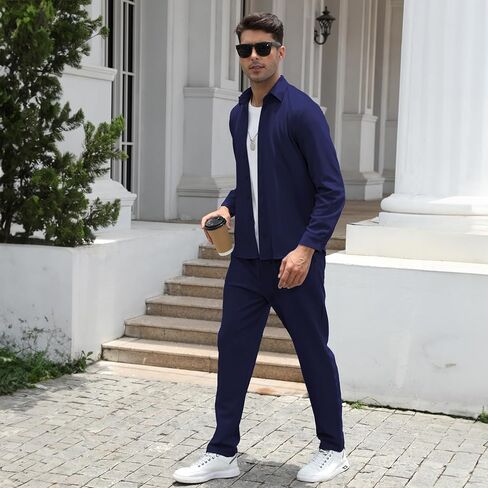 طقم ملابس كاجوال للرجال من اف زد ان اتش كيو ال مكون من قطعتين من قمصان وبنطلون باكمام طويلة وازرار امامية من قطعتين in Kuwait