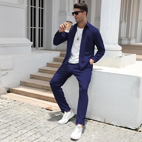 طقم ملابس كاجوال للرجال من اف زد ان اتش كيو ال مكون من قطعتين من قمصان وبنطلون باكمام طويلة وازرار امامية من قطعتين in Kuwait