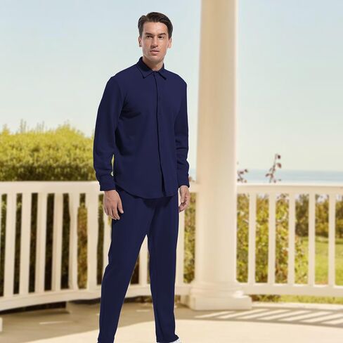 طقم ملابس كاجوال للرجال من اف زد ان اتش كيو ال مكون من قطعتين من قمصان وبنطلون باكمام طويلة وازرار امامية من قطعتين in Kuwait