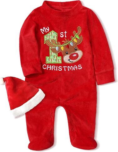 Von kilizo Baby Christmas Outfit My First Christmas Baby Girl Boy Outfit Footed Romper Santa Hat 2Pcs in Saudi Arabia