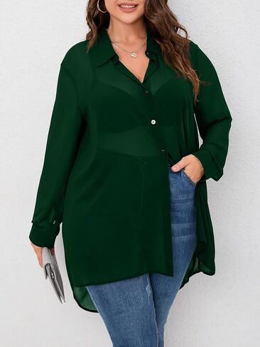 بلوزة نسائية من MakeMeChic بمقاس كبير من الشيفون بأزرار سفلية وأكمام طويلة وأزرار لأعلى ومنخفضة in Kuwait