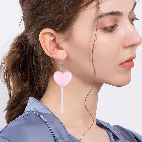 Food Sweet Cute Clear Transparent Heart Candy Resin Lollipop Earrings Resin Candy Earrings Costume Trendy Style Women Girl Jewelry in Kuwait
