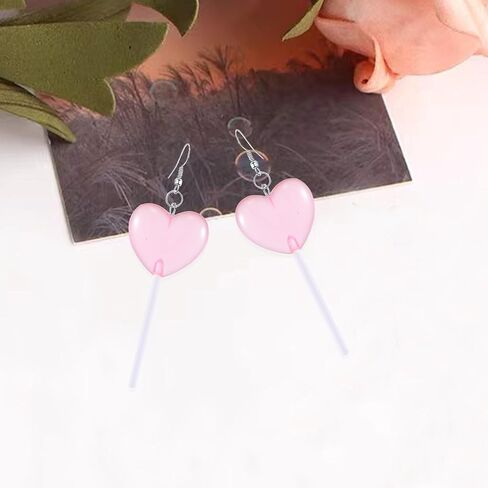 Food Sweet Cute Clear Transparent Heart Candy Resin Lollipop Earrings Resin Candy Earrings Costume Trendy Style Women Girl Jewelry in Kuwait