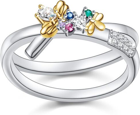 JZMSJF S925 فضة النحل خواتم زركون المزدوج التراص خواتم وعد محسن حلقة مزدوجة للنساء فتاة في سن المراهقة in Kuwait