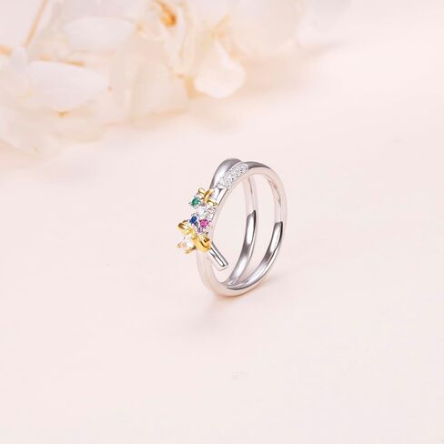 JZMSJF S925 فضة النحل خواتم زركون المزدوج التراص خواتم وعد محسن حلقة مزدوجة للنساء فتاة في سن المراهقة in Kuwait