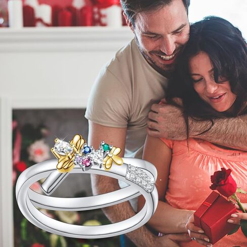 JZMSJF S925 فضة النحل خواتم زركون المزدوج التراص خواتم وعد محسن حلقة مزدوجة للنساء فتاة في سن المراهقة in Kuwait