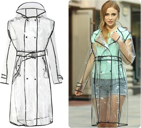 معطف واق من المطر شفاف للنساء من Fecialy مقاوم للماء وغطاء للرأس مع حزام in Kuwait