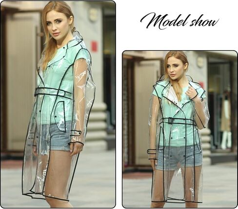 معطف واق من المطر شفاف للنساء من Fecialy مقاوم للماء وغطاء للرأس مع حزام in Kuwait