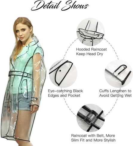 معطف واق من المطر شفاف للنساء من Fecialy مقاوم للماء وغطاء للرأس مع حزام in Kuwait