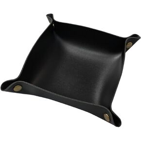 Valet Tray, Leather Tray, Small Catchall Tray, Foldable Jewelry Travel Organizer, Suitable for Travel, Storage, Nightstand, Home or Office (Black-S)