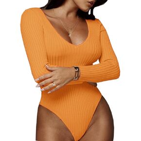 Yenfief Women V Neck Long Sleeve Bodysuit Shirts Sexy Jumpsuit Ribbed Knit Stretchy Leotard Top