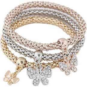 3Pcs Multilayer Crystal Rhinestone Bead Corn Chain Love Heart Tree of Life Bracelet Bangle Set for Women Girl Teen Stretchy Butterfly Animal Bracelet Friendship Jewelry Birthday Gift