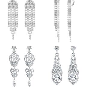 HAIAISO 4 أزواج مشبك على الأقراط للنساء كريستال حجر الراين الزفاف الزفاف دمعة قطرة تتدلى الأقراط شرابة طويلة الثريا كليب على الأقراط غير مثقوبة أقراط الزفاف حفلة موسيقية للفتيات in Kuwait