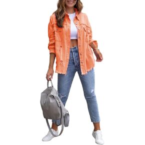 سترة Bornpom Jean للنساء من قماش الدنيم مقاس كبير بأكمام طويلة من قماش الدنيم معطف ممزق وممزق in Kuwait