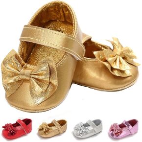 LAFEGEN Baby Girls Mary Jane Flats with Bownot Non Slip Soft Sole PU Leather Newborn Infant Toddler First Walker Cirb Dress Shoes, 12-18 Months Toddler, 14 Gold in Kuwait