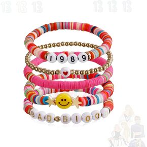 CareUToo Colorful Clay Soft Ceramic Alphabet Bracelet Women's Boho Bracelet Set Colorful Friendship Bracelets Summer Music Beach Jewelry Gift for Women Girls-5pcs in Kuwait