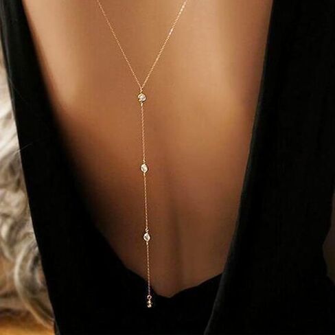 WZNBBOY مثير طويل شرابة خلفية قلادة كريستال الجسم سلسلة قلادة عارية الذراعين الذهب حجر الراين Y عارية الذراعين قلادة الزفاف العرائس اللباس الملحقات بيكيني الصيف الشاطئ الجسم قلادة مجوهرات للنساء in Kuwait