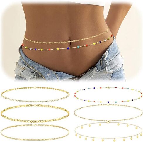 IRONBOX 6 قطع سلسلة الخصر بيكيني سلسلة الجسم للنساء الطبقات الذهب سلسلة البطن للخصر اللؤلؤ حبة الجسم مجوهرات اكسسوارات للنساء والفتيات in Kuwait