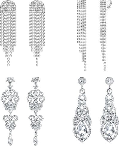 HAIAISO 4 أزواج مشبك على الأقراط للنساء كريستال حجر الراين الزفاف الزفاف دمعة قطرة تتدلى الأقراط شرابة طويلة الثريا كليب على الأقراط غير مثقوبة أقراط الزفاف حفلة موسيقية للفتيات in Kuwait