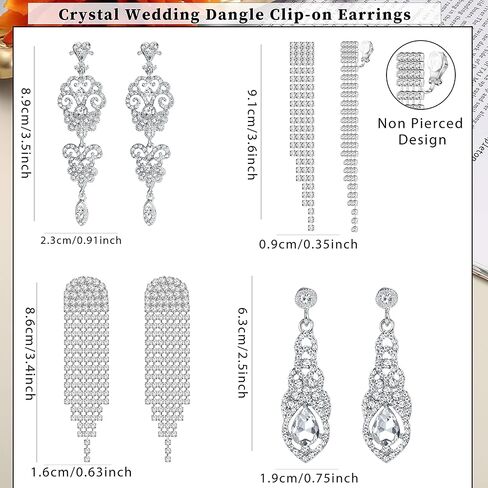 HAIAISO 4 أزواج مشبك على الأقراط للنساء كريستال حجر الراين الزفاف الزفاف دمعة قطرة تتدلى الأقراط شرابة طويلة الثريا كليب على الأقراط غير مثقوبة أقراط الزفاف حفلة موسيقية للفتيات in Kuwait