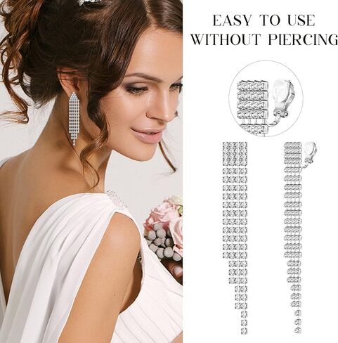 HAIAISO 4 أزواج مشبك على الأقراط للنساء كريستال حجر الراين الزفاف الزفاف دمعة قطرة تتدلى الأقراط شرابة طويلة الثريا كليب على الأقراط غير مثقوبة أقراط الزفاف حفلة موسيقية للفتيات in Kuwait