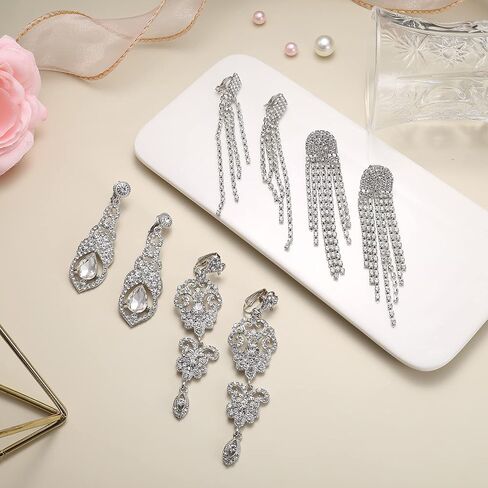 HAIAISO 4 أزواج مشبك على الأقراط للنساء كريستال حجر الراين الزفاف الزفاف دمعة قطرة تتدلى الأقراط شرابة طويلة الثريا كليب على الأقراط غير مثقوبة أقراط الزفاف حفلة موسيقية للفتيات in Kuwait