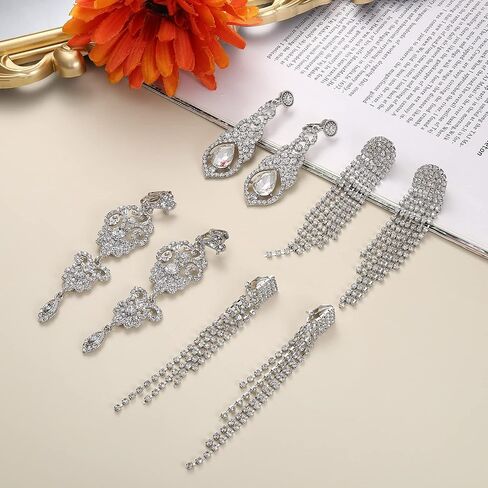 HAIAISO 4 أزواج مشبك على الأقراط للنساء كريستال حجر الراين الزفاف الزفاف دمعة قطرة تتدلى الأقراط شرابة طويلة الثريا كليب على الأقراط غير مثقوبة أقراط الزفاف حفلة موسيقية للفتيات in Kuwait