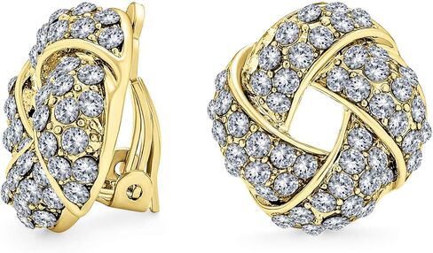 Twist Braided Pave Crystal Love Knot Button Style Clip On Earring For Women Non Pierced Ears Rose Gold tone Silver Plated in Saudi Arabia