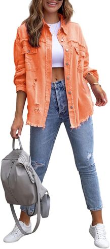 سترة Bornpom Jean للنساء من قماش الدنيم مقاس كبير بأكمام طويلة من قماش الدنيم معطف ممزق وممزق in Kuwait