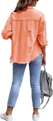 سترة Bornpom Jean للنساء من قماش الدنيم مقاس كبير بأكمام طويلة من قماش الدنيم معطف ممزق وممزق in Kuwait