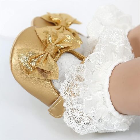 LAFEGEN Baby Girls Mary Jane Flats with Bownot Non Slip Soft Sole PU Leather Newborn Infant Toddler First Walker Cirb Dress Shoes, 12-18 Months Toddler, 14 Gold in Kuwait