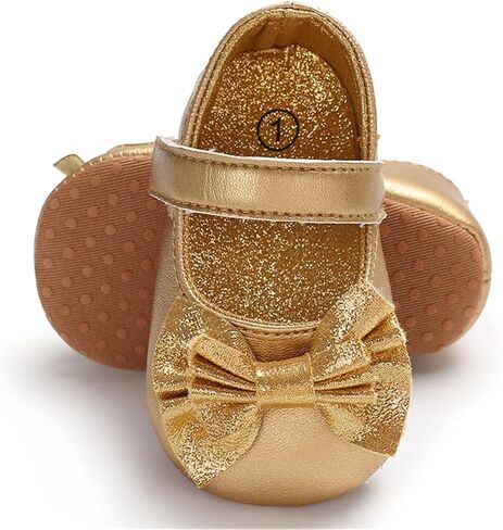 LAFEGEN Baby Girls Mary Jane Flats with Bownot Non Slip Soft Sole PU Leather Newborn Infant Toddler First Walker Cirb Dress Shoes, 12-18 Months Toddler, 14 Gold in Kuwait