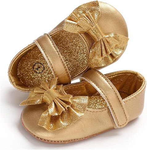 LAFEGEN Baby Girls Mary Jane Flats with Bownot Non Slip Soft Sole PU Leather Newborn Infant Toddler First Walker Cirb Dress Shoes, 12-18 Months Toddler, 14 Gold in Kuwait
