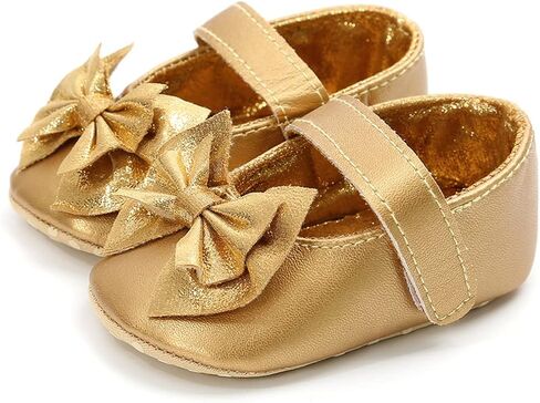LAFEGEN Baby Girls Mary Jane Flats with Bownot Non Slip Soft Sole PU Leather Newborn Infant Toddler First Walker Cirb Dress Shoes, 12-18 Months Toddler, 14 Gold in Kuwait