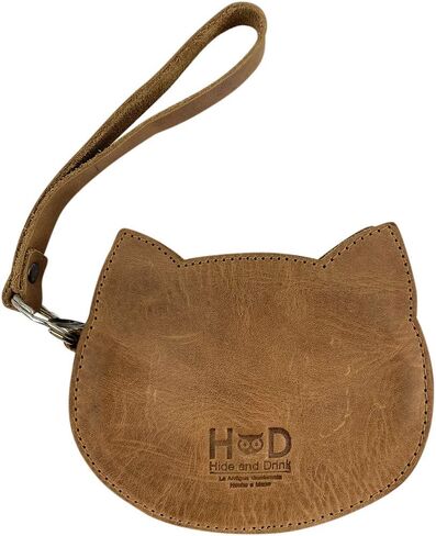 Hide & Drink, Small Cat Face Clutch Handmade from Full Grain Leather - Minimalist Purse to Carry Money, Change, Cards - Mini Pouch with Zipper - Cat Lover Gift for Men or Women - Single Malt Mahogany in Saudi Arabia
