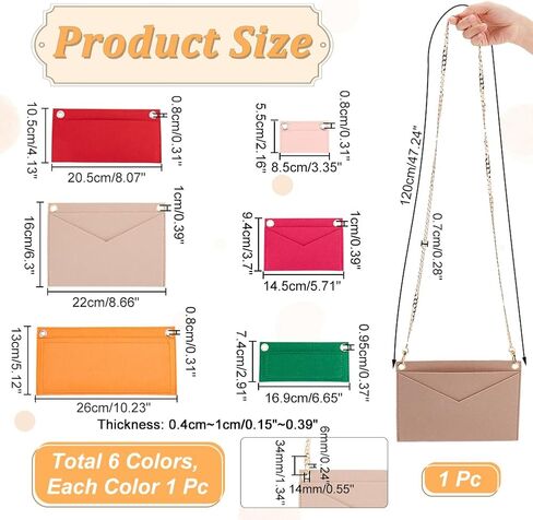 WADORN 6 Sizes Purse Organizer Insert Conversion Kit with Metal Chain, Felt Handbag Organizer Insert Women Envelope Bag Coin Wallet Conversion Accessories, Width: 3.35/5.71/6.65/8.07/8.66/10.24 Inch in Saudi Arabia