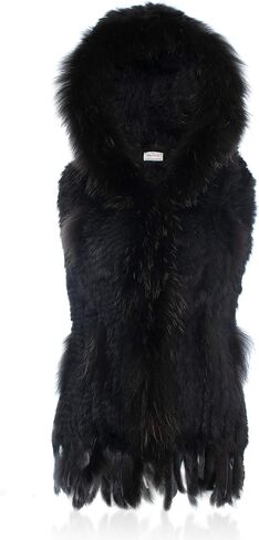 Genuine Rabbit Fur Coat for Women with Raccoon Fur Trim Collar, Hooded Fur Vest Womens Fur Vest, Soft and Comfortable in Kuwait