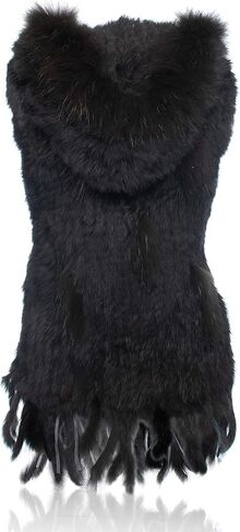 Genuine Rabbit Fur Coat for Women with Raccoon Fur Trim Collar, Hooded Fur Vest Womens Fur Vest, Soft and Comfortable in Kuwait