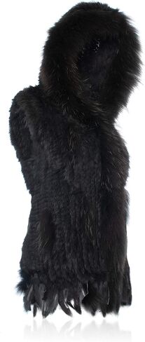 Genuine Rabbit Fur Coat for Women with Raccoon Fur Trim Collar, Hooded Fur Vest Womens Fur Vest, Soft and Comfortable in Kuwait