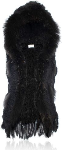 Genuine Rabbit Fur Coat for Women with Raccoon Fur Trim Collar, Hooded Fur Vest Womens Fur Vest, Soft and Comfortable in Kuwait