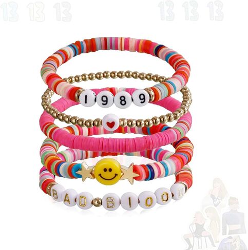CareUToo Colorful Clay Soft Ceramic Alphabet Bracelet Women's Boho Bracelet Set Colorful Friendship Bracelets Summer Music Beach Jewelry Gift for Women Girls-5pcs in Kuwait