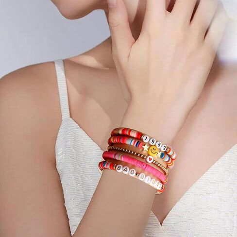 CareUToo Colorful Clay Soft Ceramic Alphabet Bracelet Women's Boho Bracelet Set Colorful Friendship Bracelets Summer Music Beach Jewelry Gift for Women Girls-5pcs in Kuwait