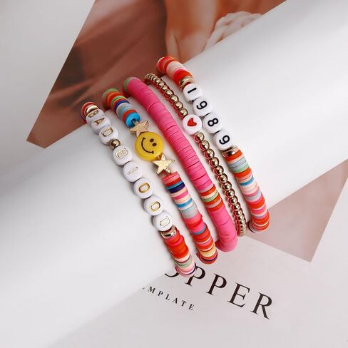 CareUToo Colorful Clay Soft Ceramic Alphabet Bracelet Women's Boho Bracelet Set Colorful Friendship Bracelets Summer Music Beach Jewelry Gift for Women Girls-5pcs in Kuwait