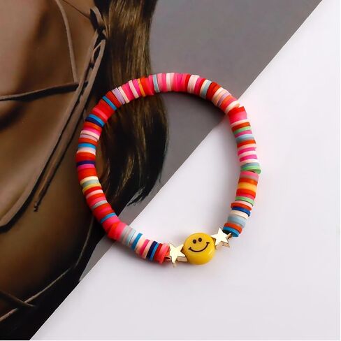 CareUToo Colorful Clay Soft Ceramic Alphabet Bracelet Women's Boho Bracelet Set Colorful Friendship Bracelets Summer Music Beach Jewelry Gift for Women Girls-5pcs in Kuwait