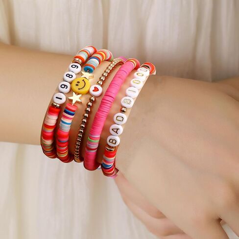 CareUToo Colorful Clay Soft Ceramic Alphabet Bracelet Women's Boho Bracelet Set Colorful Friendship Bracelets Summer Music Beach Jewelry Gift for Women Girls-5pcs in Kuwait
