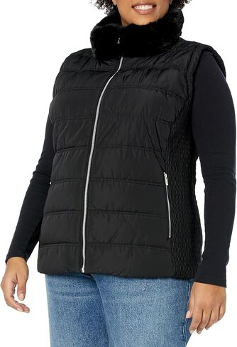 Calvin Klein Women's Plus Quilted Vest with Fur Collar, Black in Saudi Arabia