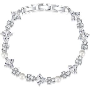 Hadskiss Tennis Bracelet for Women Brides, Rhinestone Silver Pearl Bracelet for Wedding Prom Party, Marquise Cubic Zirconia Bracelet for Costume Jewelry, 20cm, Copper, Cubic Zirconia in Kuwait
