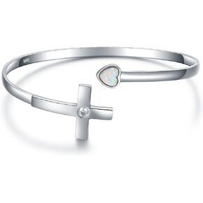 925-Sterling-Silver Cross Bracelet for Women - Opal Heart Cross Bangle Religious Jewelry for Confirmation Religious Gifts for Teen Girls Mother, 标准纯银, Cubic Zirconia in Kuwait