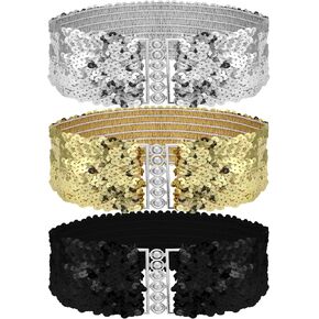 احزمة فستان مزينة بالترتر للبنات من ثينب جريفوسيا، حزام خصر عريض بلون ذهبي، حزام خصر مرن قابل للتمدد، حزام مشبك معدني لازياء السبعينيات والثمانينيات وحفلات الديسكو للنساء والفتيات (ذهبي فضي واسود)، 3 in Kuwait